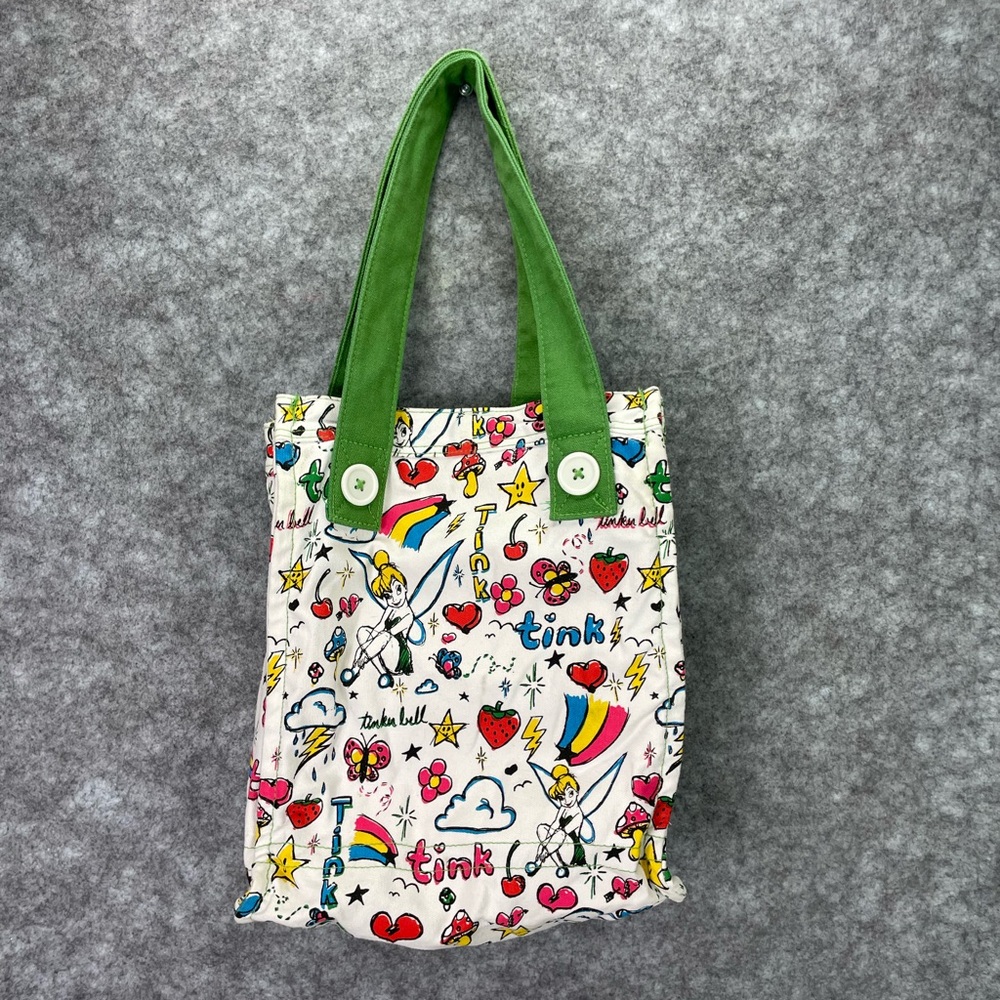 Disney World Tinker Bell Tote Bag Green Handles Fairy Hearts Rainbow Graphic